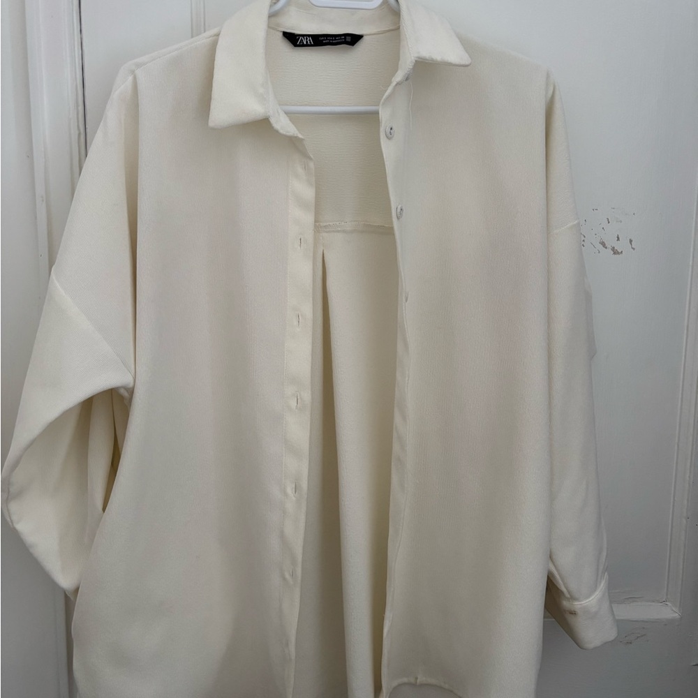 Zara Cream Button-Up Corduroy Blouse